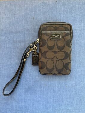 COACH Brown Black Monogram and Signature Canvas Wristlet Phone Case Wallet